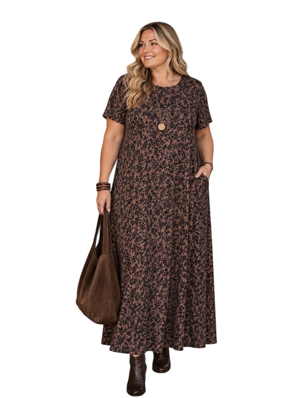 J. Jill Seamed Knit Maxi Dress Size 3X Brown Black Floral Short Sleeves Pockets